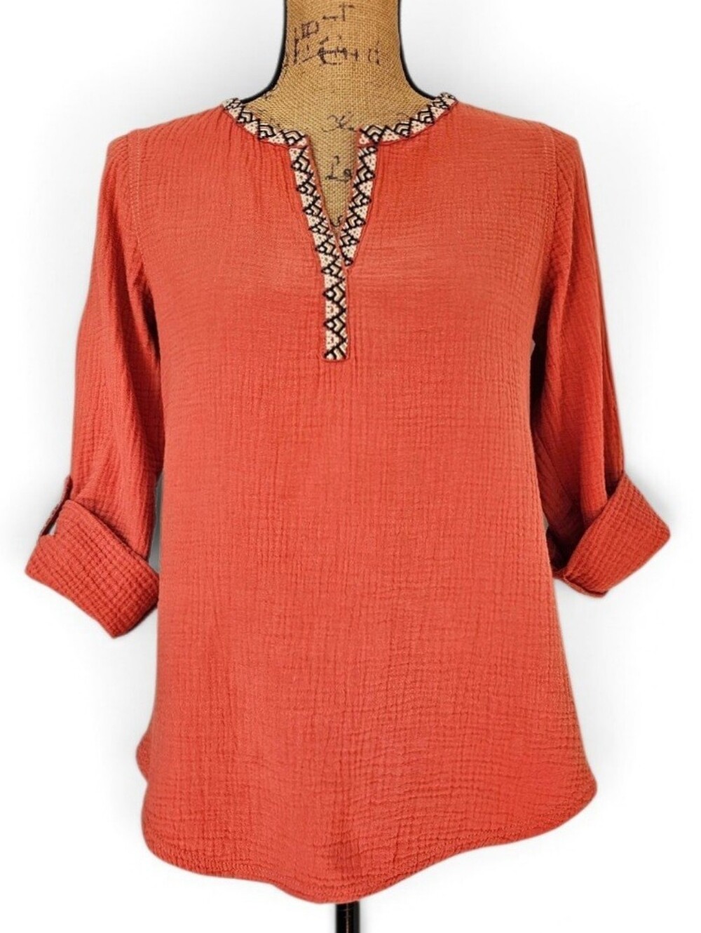 A Common Thread Southwestern Women's Burnt Orange Cotton Split-Neck Top, Size XS